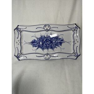 Vintage RCCL Blue & White Portuguese Floral Painted Ceramic Serving Tray Dish